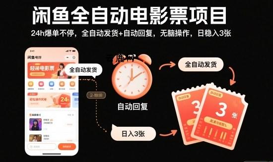 闲鱼全自动电影票项目，24h爆单不停，全自动发货+自动回复，无脑操作，日稳入3张【揭秘】|云鹿网