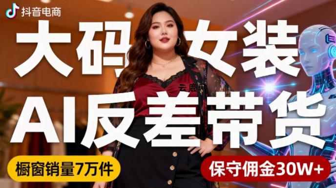 抖音小众赛道，大码女装AI反差带货，不用直播，每天6条作品，橱窗卖7万件，保守佣金30W+|云鹿网