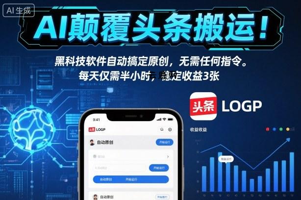 AI颠覆头条搬运!黑科技软件自动搞定原创,无需任何指令。每天仅需半小时,稳定收益3张【揭秘】
