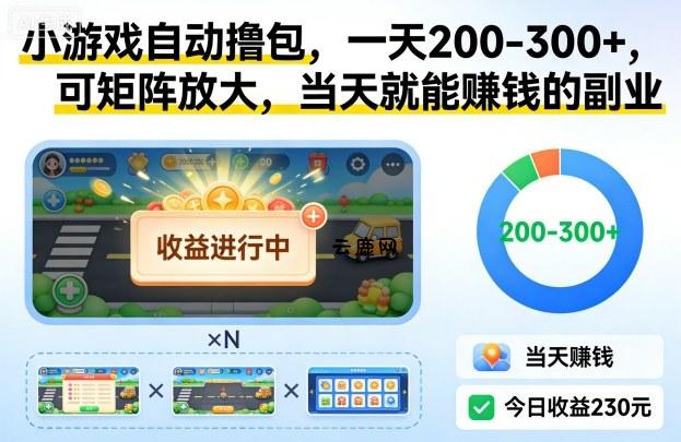 小游戏自动撸包，一天200-300+，可矩阵放大，当天就能賺钱的副业【揭秘】|云鹿网