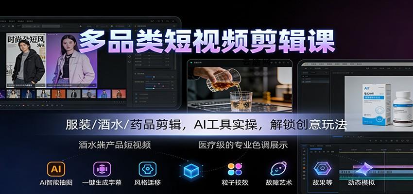 多品类短视频剪辑课：服装/酒水/药品剪辑，AI工具实操，解锁创意玩法|云鹿网