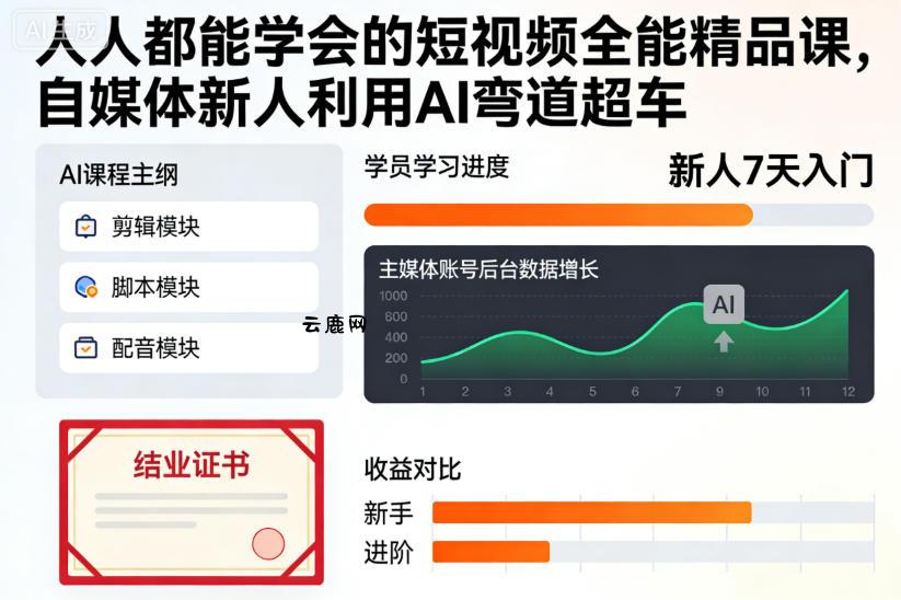 人人都能学会的短视频全能精品课，自媒体新人利用AI弯道超车|云鹿网
