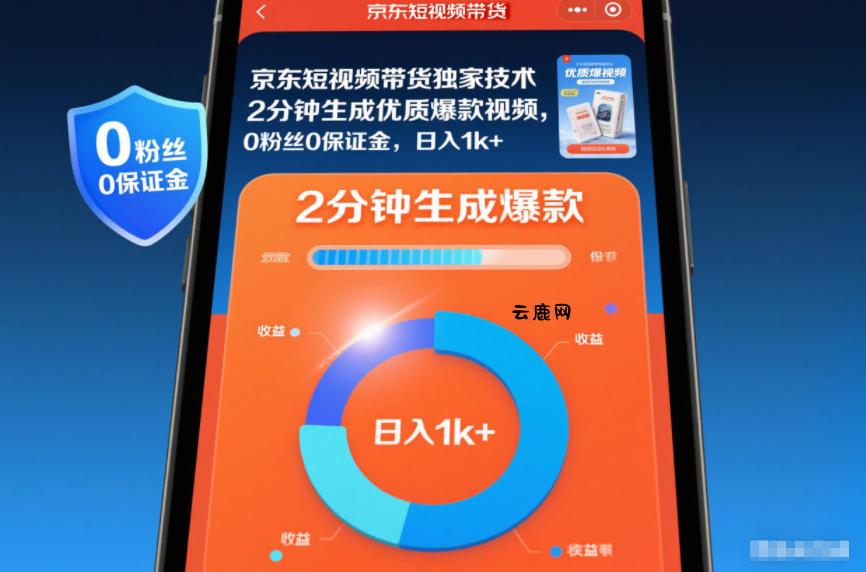 京东短视频带货独家技术，2分钟生成一条优质爆款视频，0粉丝0保证金，日入1k+【揭秘】|云鹿网