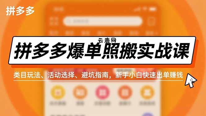 拼多多爆单照搬实战课，类目玩法、活动选择、避坑指南，新手小白快速出单赚钱|云鹿网