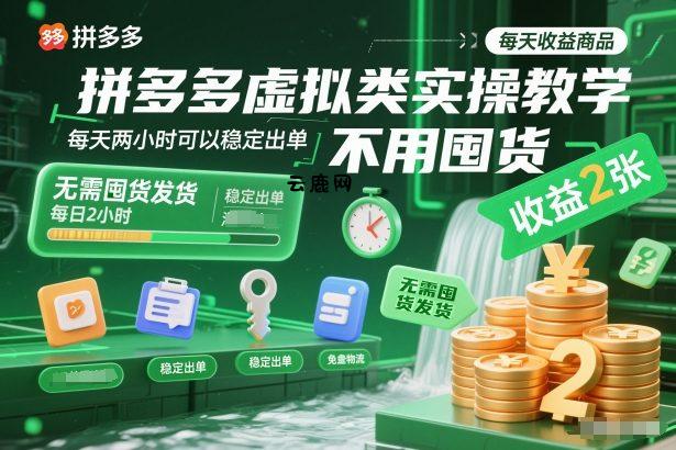 拼多多虚拟类实操教学，不用囤货、不用发货，每天两小时可以稳定出单，每天收益2张|云鹿网