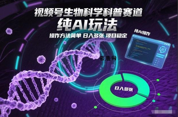 视频号生物科学科普赛道，纯AI玩法，操作方法简单，日入多张，项目稳定|云鹿网